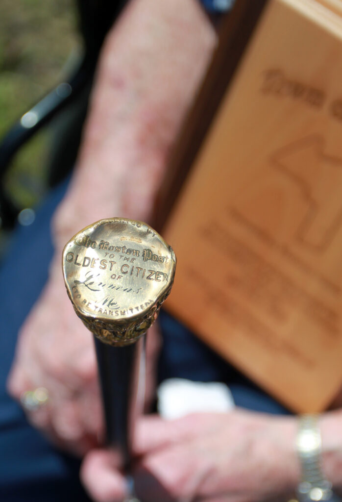 Florence Nason presented with Boston Post Cane for Linneus The County
